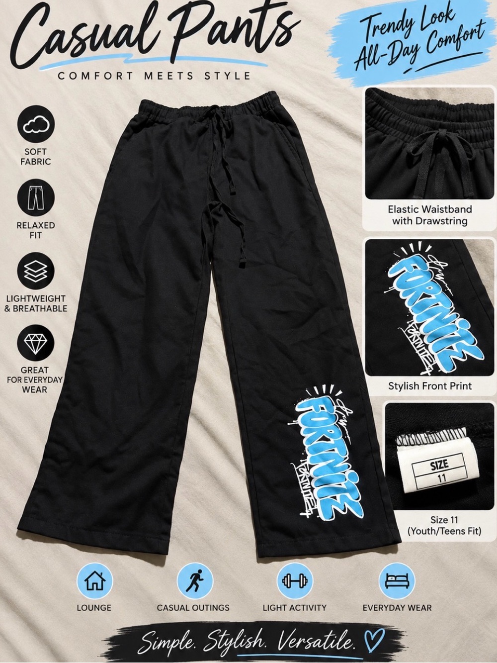 Unbranded Kids Black Casual Pants with Blue Graphic